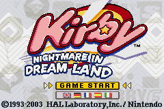 Kirby: Nightmare in Dream Land title screen for GameBoy Advance